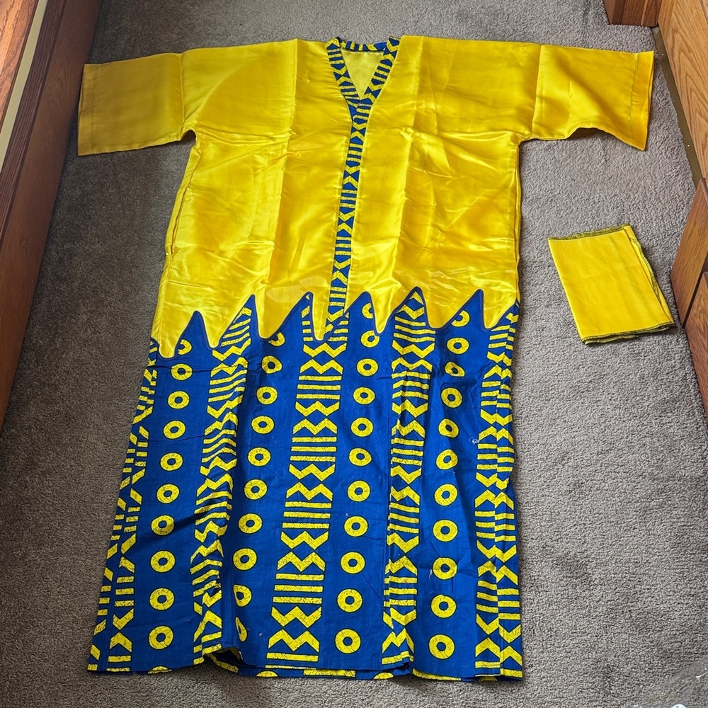 Yellow/Blue Satin Two Piece African Dress Set SIZE S-XL - Picture 1 of 7